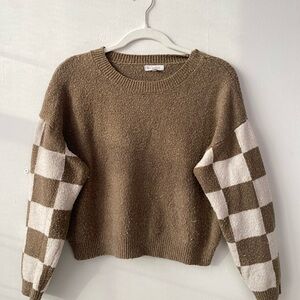Brown and White Checkered Sleeve Sweater